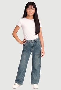 Girls Mid Rise Straight Leg Jeans with Chain Belt, Blue, Size 10