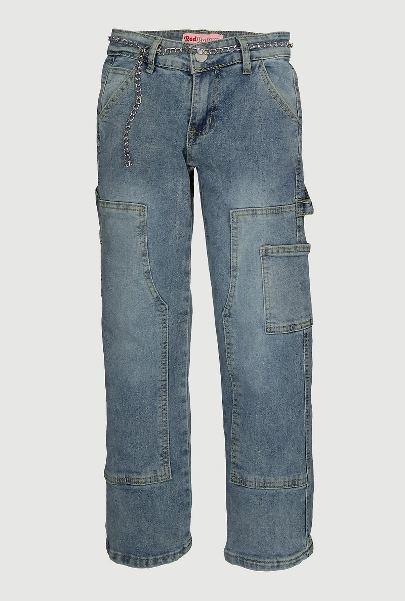 Girls Mid Rise Straight Leg Jeans with Chain Belt, Blue, Size 10