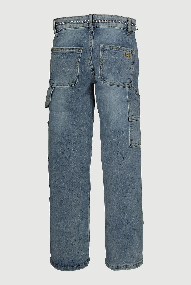 Girls Mid Rise Straight Leg Jeans with Chain Belt, Blue, Size 10