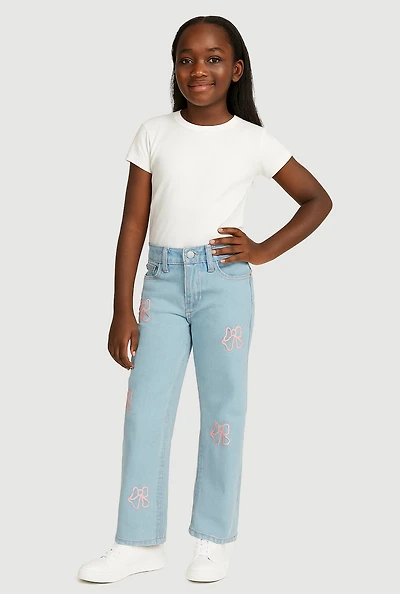 Girls Embroidered Bow Straight Leg Jeans, Blue,
