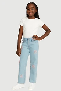 Girls Embroidered Bow Straight Leg Jeans, Blue,