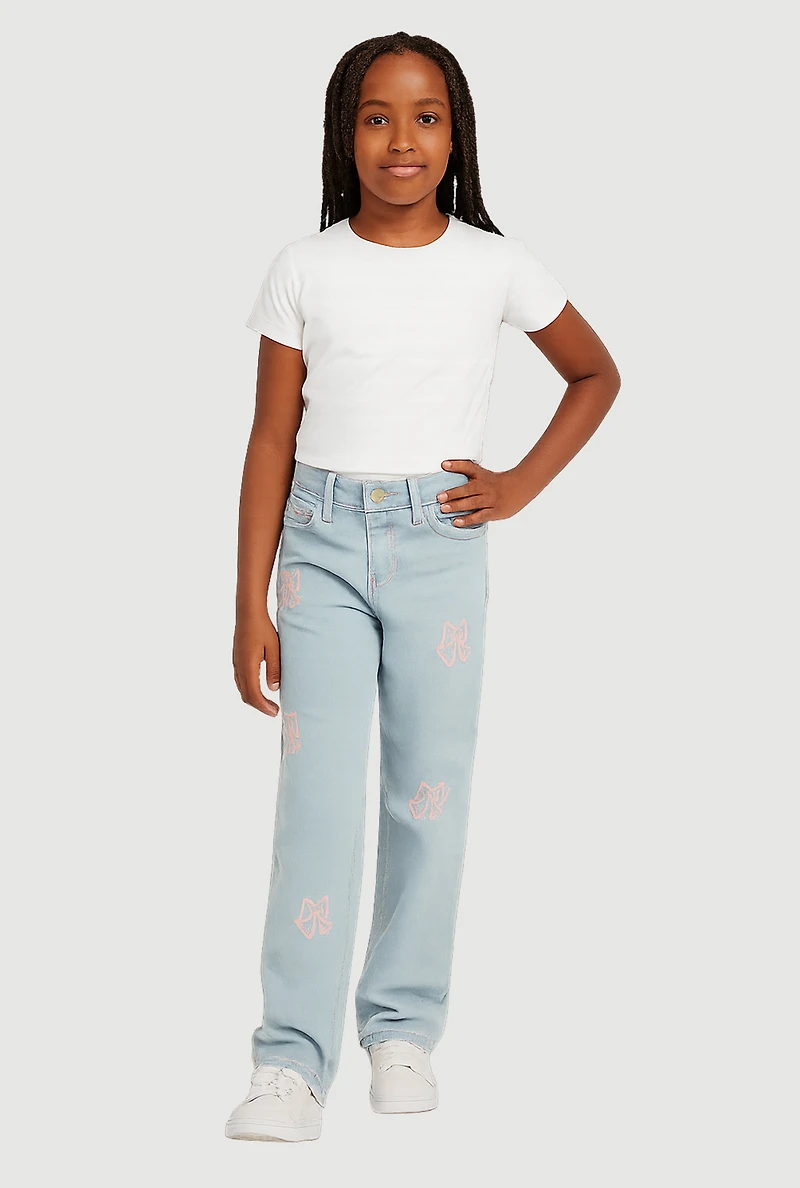 Girls Embroidered Bow Straight Leg Jeans, Blue, Size 12