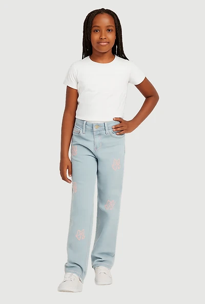 Girls Embroidered Bow Straight Leg Jeans, Blue, Size 12
