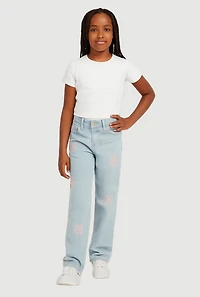 Girls Embroidered Bow Straight Leg Jeans, Blue, Size 12