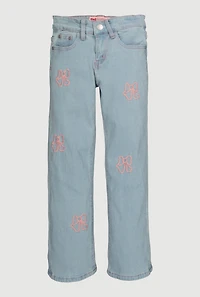 Girls Embroidered Bow Straight Leg Jeans, Blue,