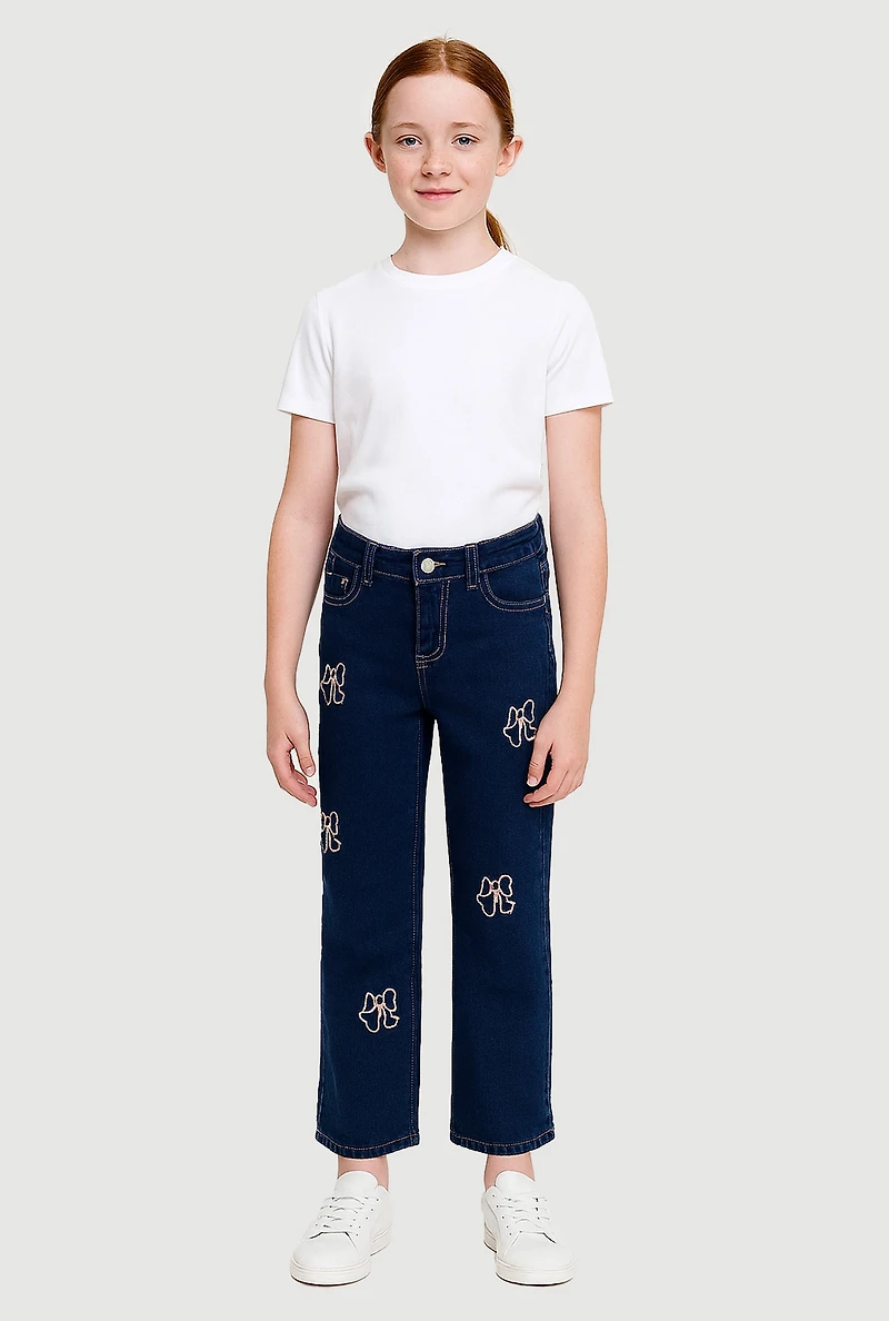 Girls Embroidered Bow Straight Leg Jeans, Blue, Size 14