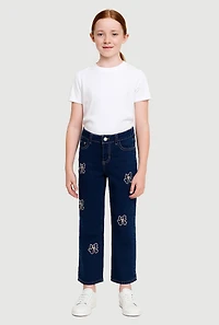 Girls Embroidered Bow Straight Leg Jeans, Blue, Size 14