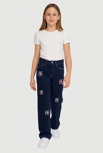 Girls Embroidered Bow Straight Leg Jeans, Blue,