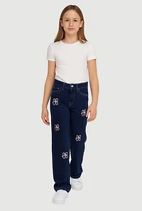 Girls Embroidered Bow Straight Leg Jeans, Blue,