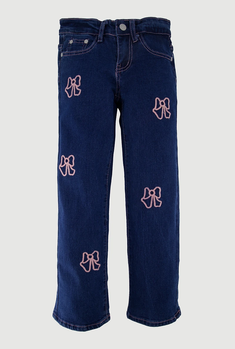 Girls Embroidered Bow Straight Leg Jeans, Blue, Size 14