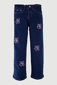 Girls Embroidered Bow Straight Leg Jeans, Blue, Size 7