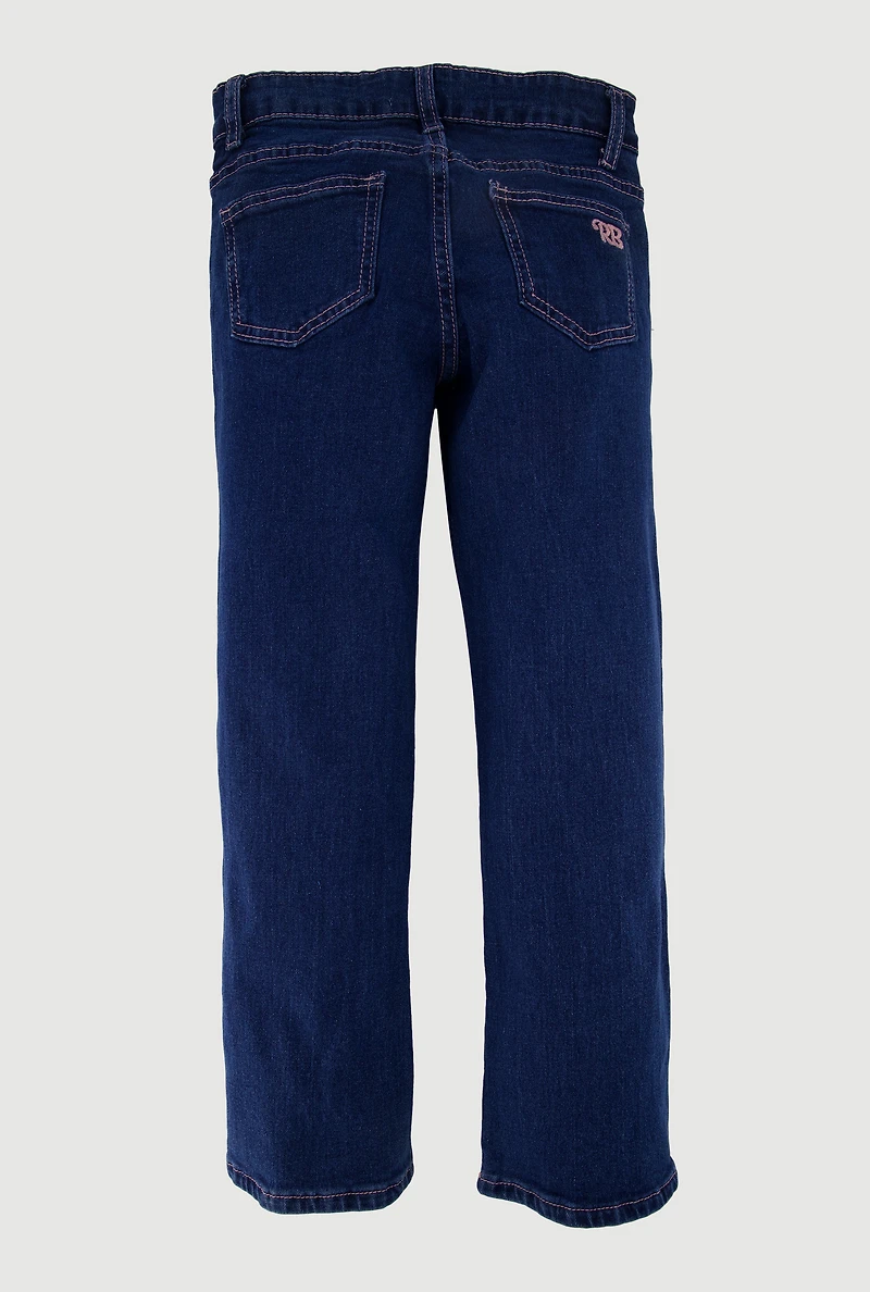Girls Embroidered Bow Straight Leg Jeans, Blue, Size 14
