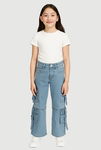 Girls D-Ring Pull Tab Utility Jeans, Blue, Size 10