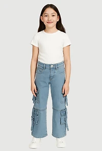 Girls D-Ring Pull Tab Utility Jeans, Blue, Size 10