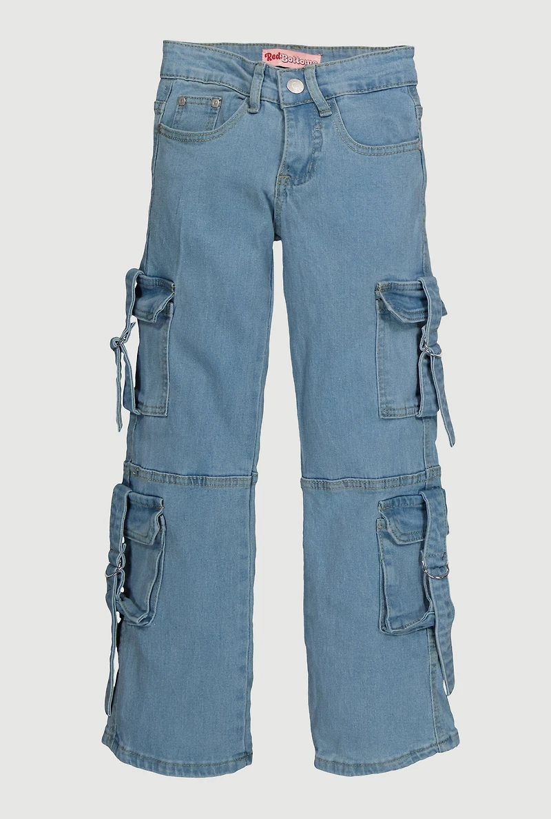 Girls D-Ring Pull Tab Utility Jeans, Blue,