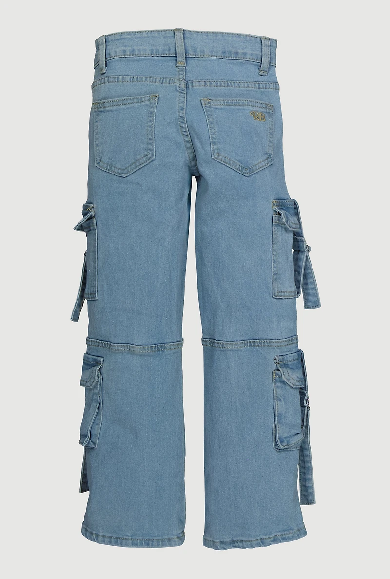 Girls D-Ring Pull Tab Utility Jeans, Blue,