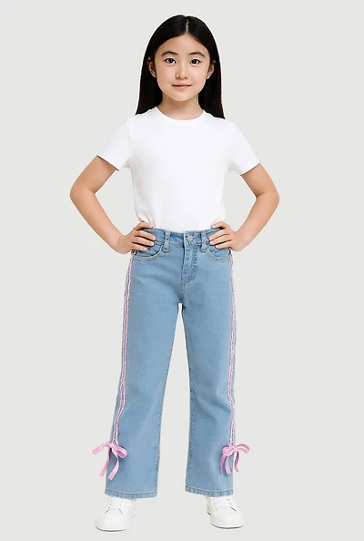 Girls Striped Side Tie Straight Leg Jeans, Blue, Size 12