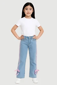 Girls Striped Side Tie Straight Leg Jeans, Blue, Size 7