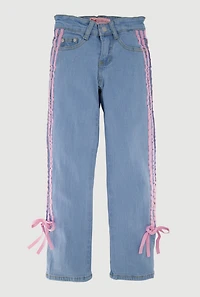 Girls Striped Side Tie Straight Leg Jeans, Blue, Size 14