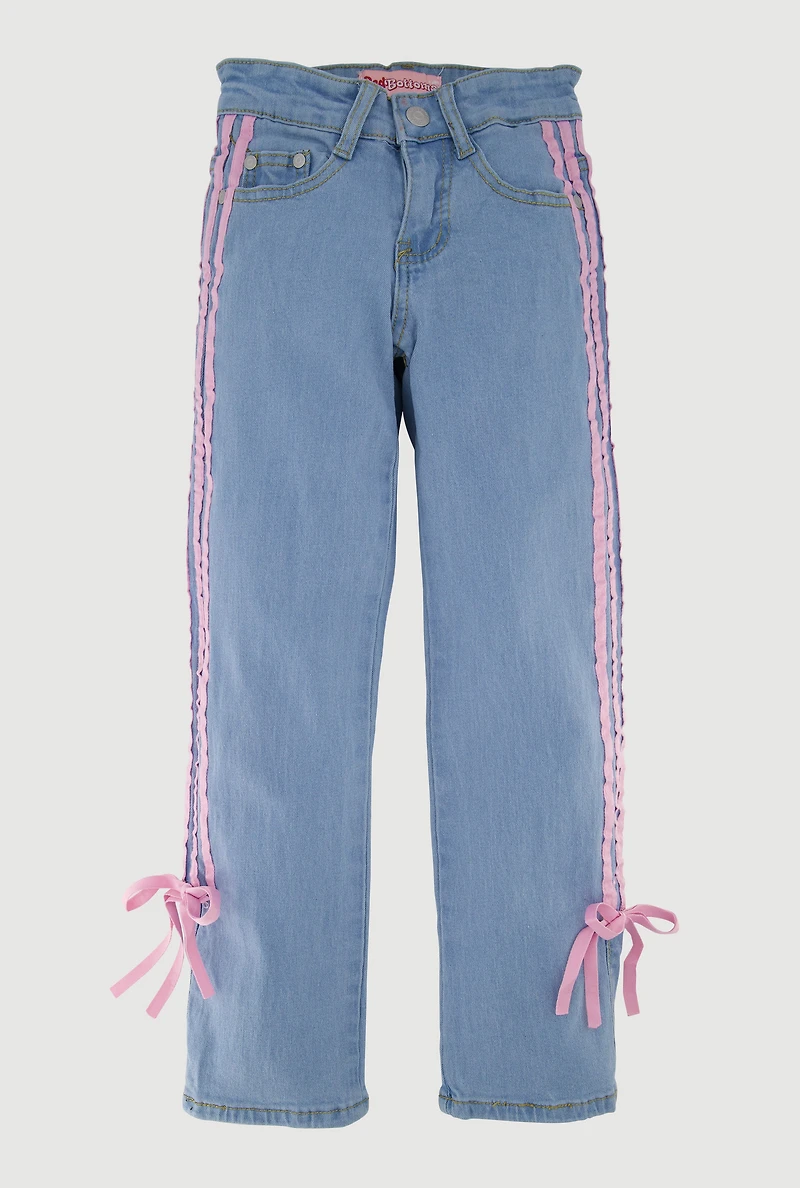 Girls Striped Side Tie Straight Leg Jeans, Blue, Size 8