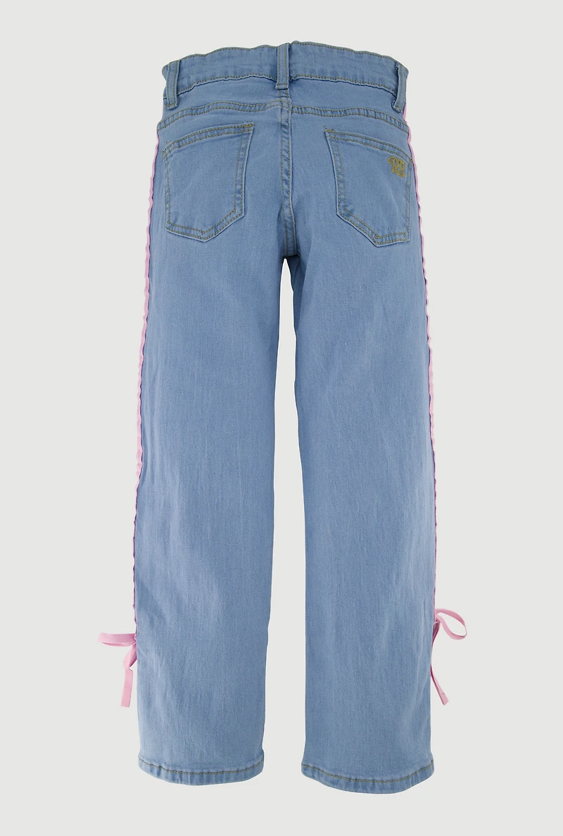 Girls Striped Side Tie Straight Leg Jeans, Blue, Size 7