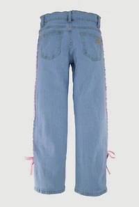 Girls Striped Side Tie Straight Leg Jeans, Blue, Size 7