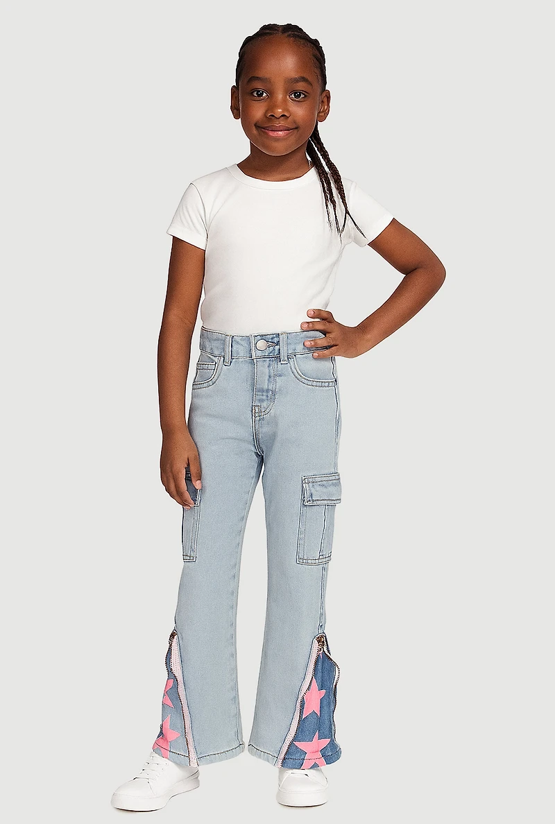 Girls Star Detail Cargo Zipper Flare Jeans, Blue,