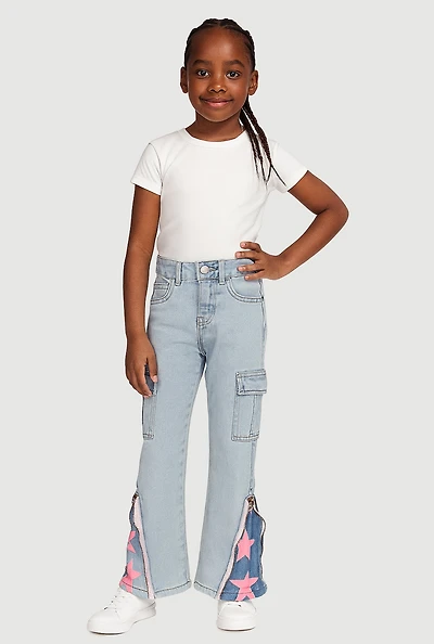 Girls Star Detail Cargo Zipper Flare Jeans, Blue,