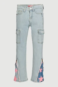 Girls Star Detail Cargo Zipper Flare Jeans, Blue,