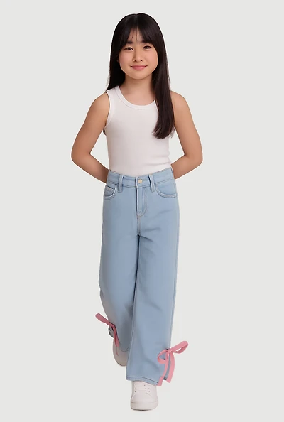 Girls Bow Detail Side Slit Adjustable Waistband Jeans, Blue, Size 10