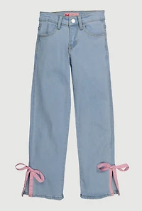 Girls Bow Detail Side Slit Adjustable Waistband Jeans, Blue, Size 7