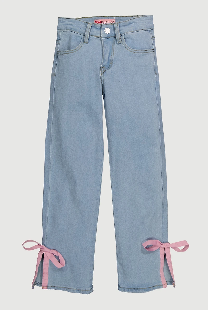 Girls Bow Detail Side Slit Adjustable Waistband Jeans, Blue, Size 14
