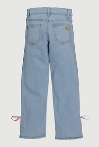 Girls Bow Detail Side Slit Adjustable Waistband Jeans, Blue, Size 10