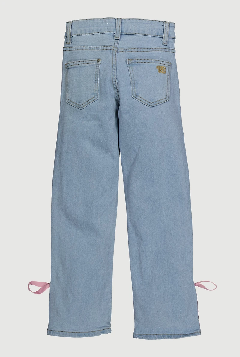 Girls Bow Detail Side Slit Adjustable Waistband Jeans, Blue,