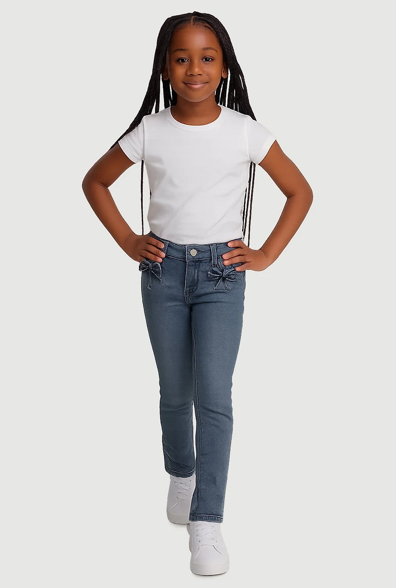 Girls Acid Wash Bow Detail Skinny Jeans, Blue, Size 7