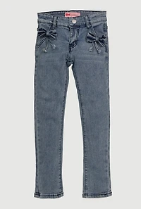 Girls Acid Wash Bow Detail Skinny Jeans, Blue, Size 7