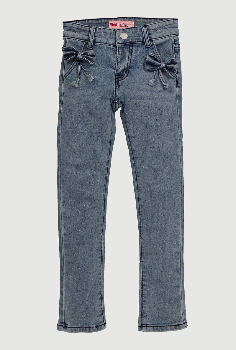 Girls Acid Wash Bow Detail Skinny Jeans, Blue, Size 16