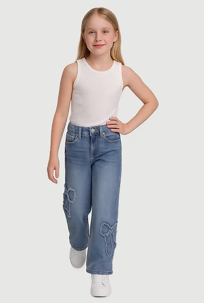 Girls Frayed Bow Decorative Stitch Straight Leg Jeans, Blue, Size 10