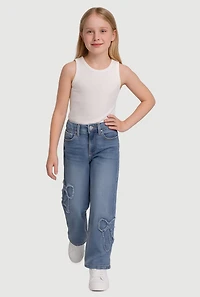 Girls Frayed Bow Decorative Stitch Straight Leg Jeans, Blue, Size 10