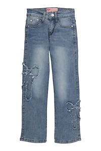 Girls Frayed Bow Decorative Stitch Straight Leg Jeans, Blue,