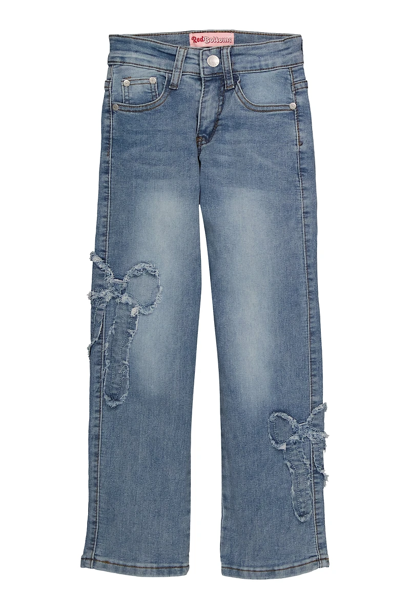 Girls Frayed Bow Decorative Stitch Straight Leg Jeans, Blue, Size 10