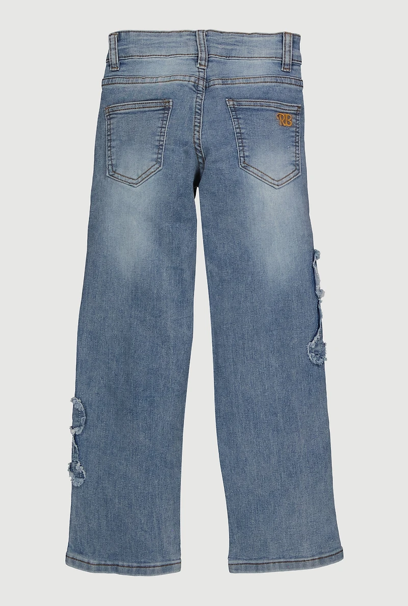 Girls Frayed Bow Decorative Stitch Straight Leg Jeans, Blue, Size 10