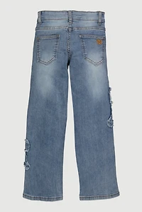 Girls Frayed Bow Decorative Stitch Straight Leg Jeans, Blue, Size 10