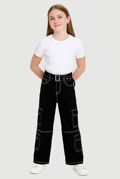 Girls Mid Rise Straight Leg Cargo Jeans with Belt,