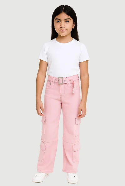Girls Mid Rise Straight Leg Cargo Jeans with Belt, Pink,