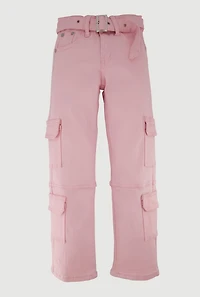 Girls Mid Rise Straight Leg Cargo Jeans with Belt, Pink,