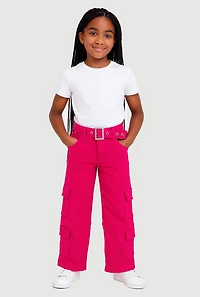 Girls Mid Rise Straight Leg Cargo Jeans with Belt, Pink,