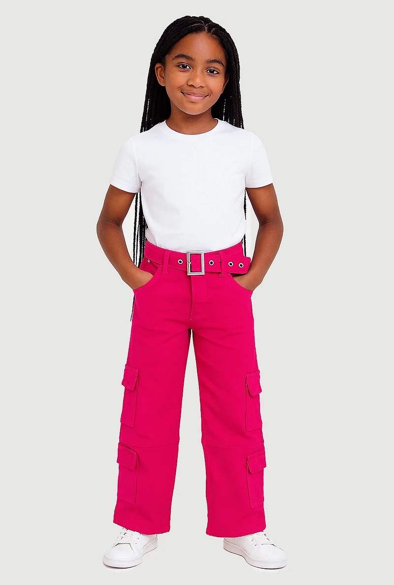 Girls Mid Rise Straight Leg Cargo Jeans with Belt, Pink, Size 10