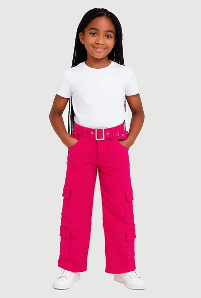 Girls Mid Rise Straight Leg Cargo Jeans with Belt, Pink,