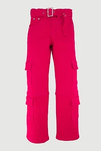 Girls Mid Rise Straight Leg Cargo Jeans with Belt, Pink, Size 10